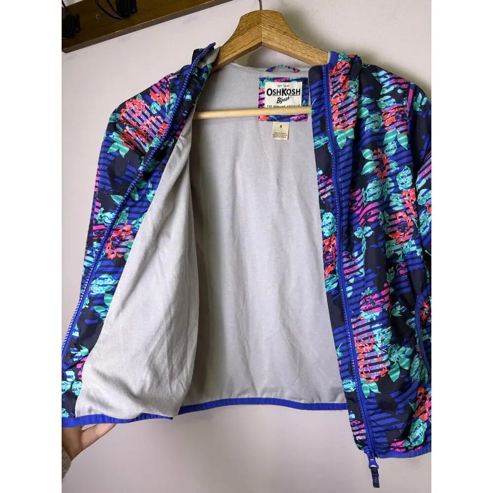 OshKosh B’gosh Girls Size 8 Floral Windbreaker Hooded Jacket 90s Blue
